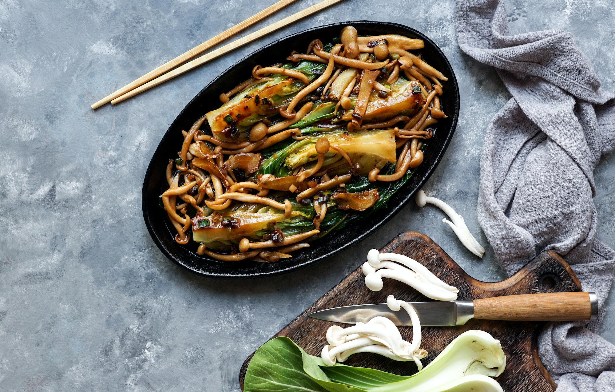 Bok choy o pak choi cabbage with shimeji mushrooms and Oyster sauce
