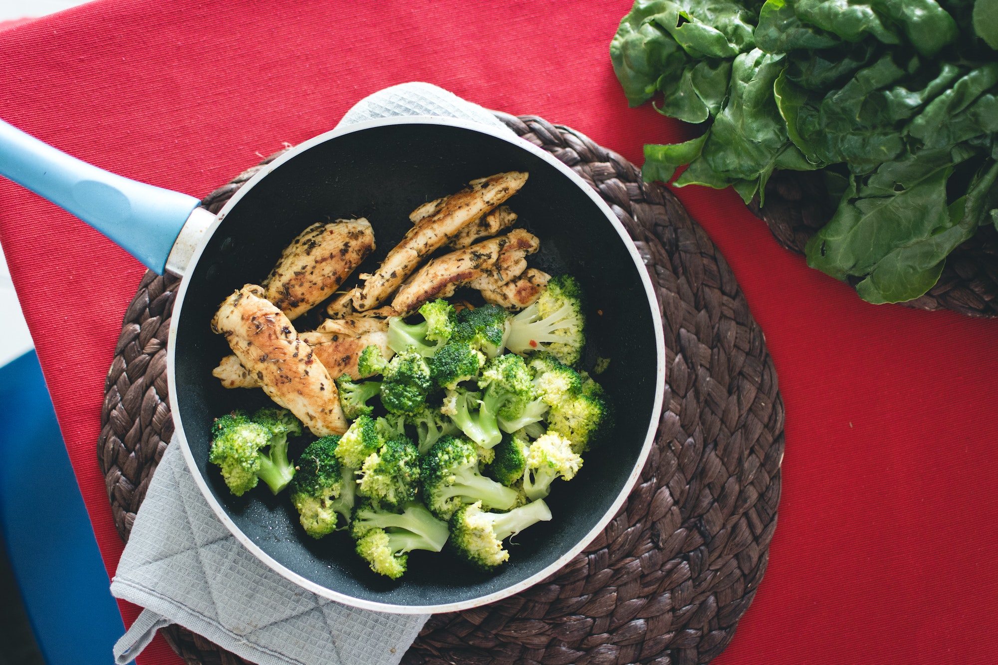 Chicken steak with broccoli in pan